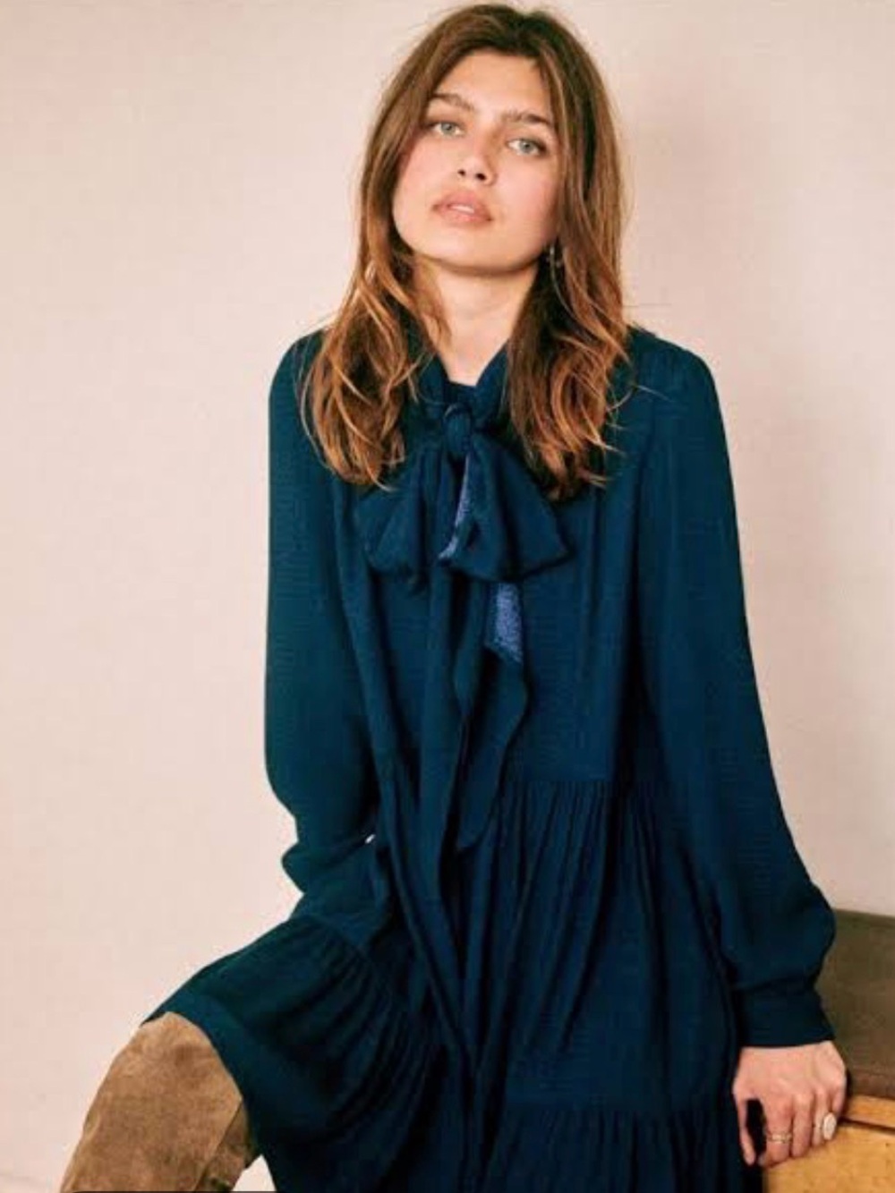 Sezane Navy Button-Front Long Sleeve Dress